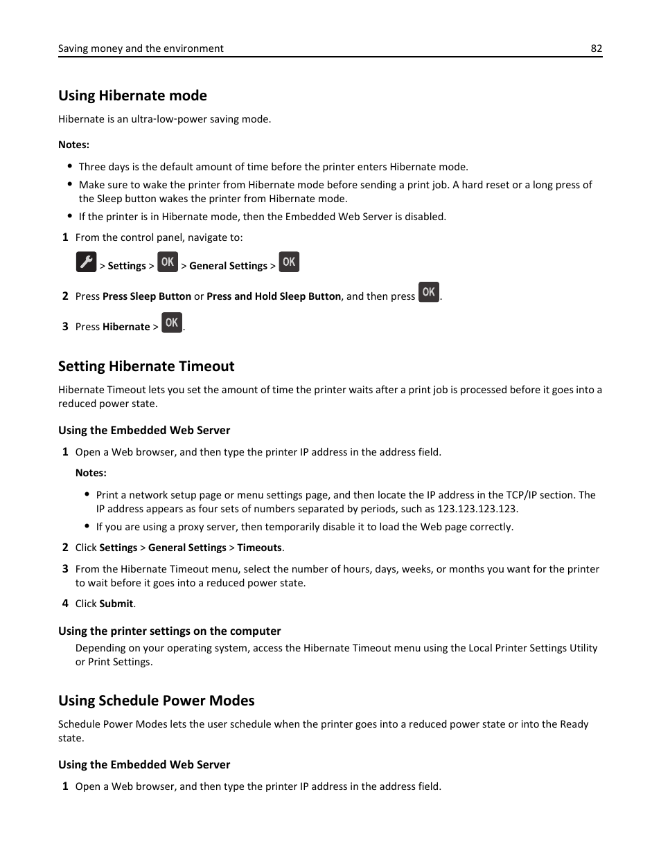 Using hibernate mode, Setting hibernate timeout, Using schedule power modes | Dell B2360dn Mono Laser Printer User Manual | Page 82 / 153