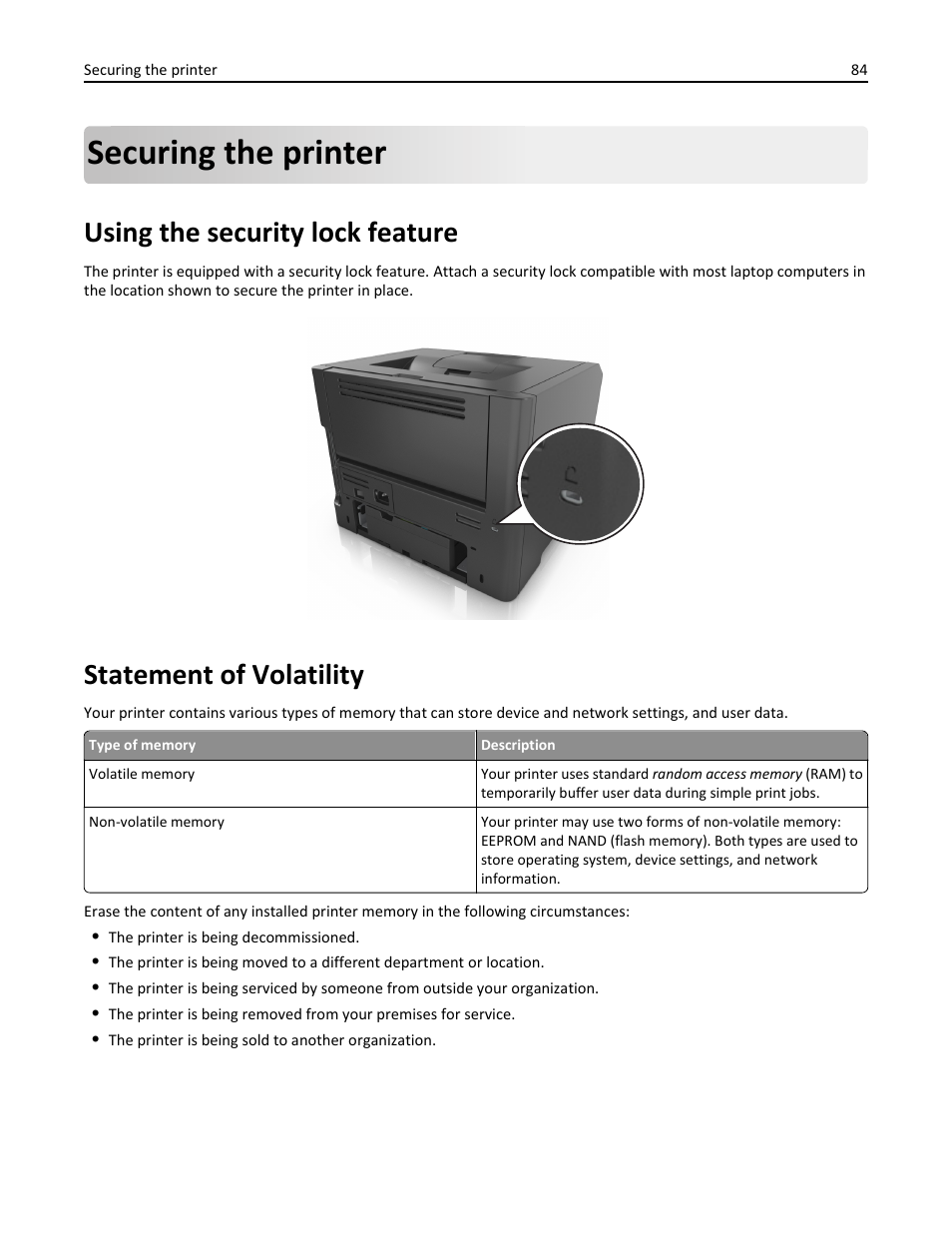 Securing the printer, Using the security lock feature, Statement of volatility | Dell B2360dn Mono Laser Printer User Manual | Page 84 / 153
