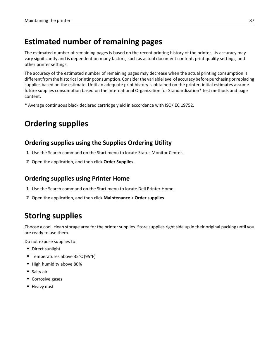 Ordering supplies, Ordering supplies using printer home, Storing supplies | Estimated number of remaining pages | Dell B2360dn Mono Laser Printer User Manual | Page 87 / 153