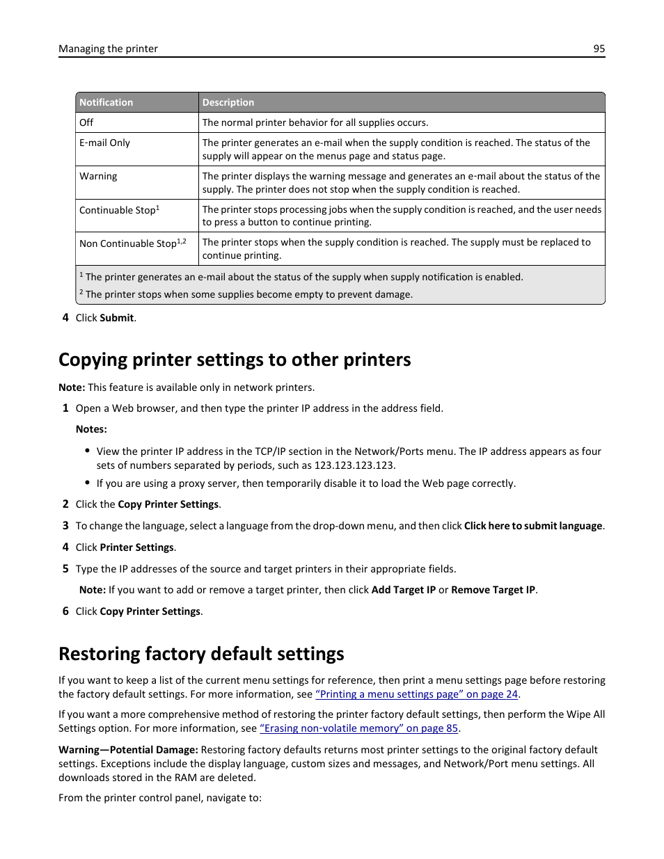 Copying printer settings to other printers, Restoring factory default settings | Dell B2360dn Mono Laser Printer User Manual | Page 95 / 153