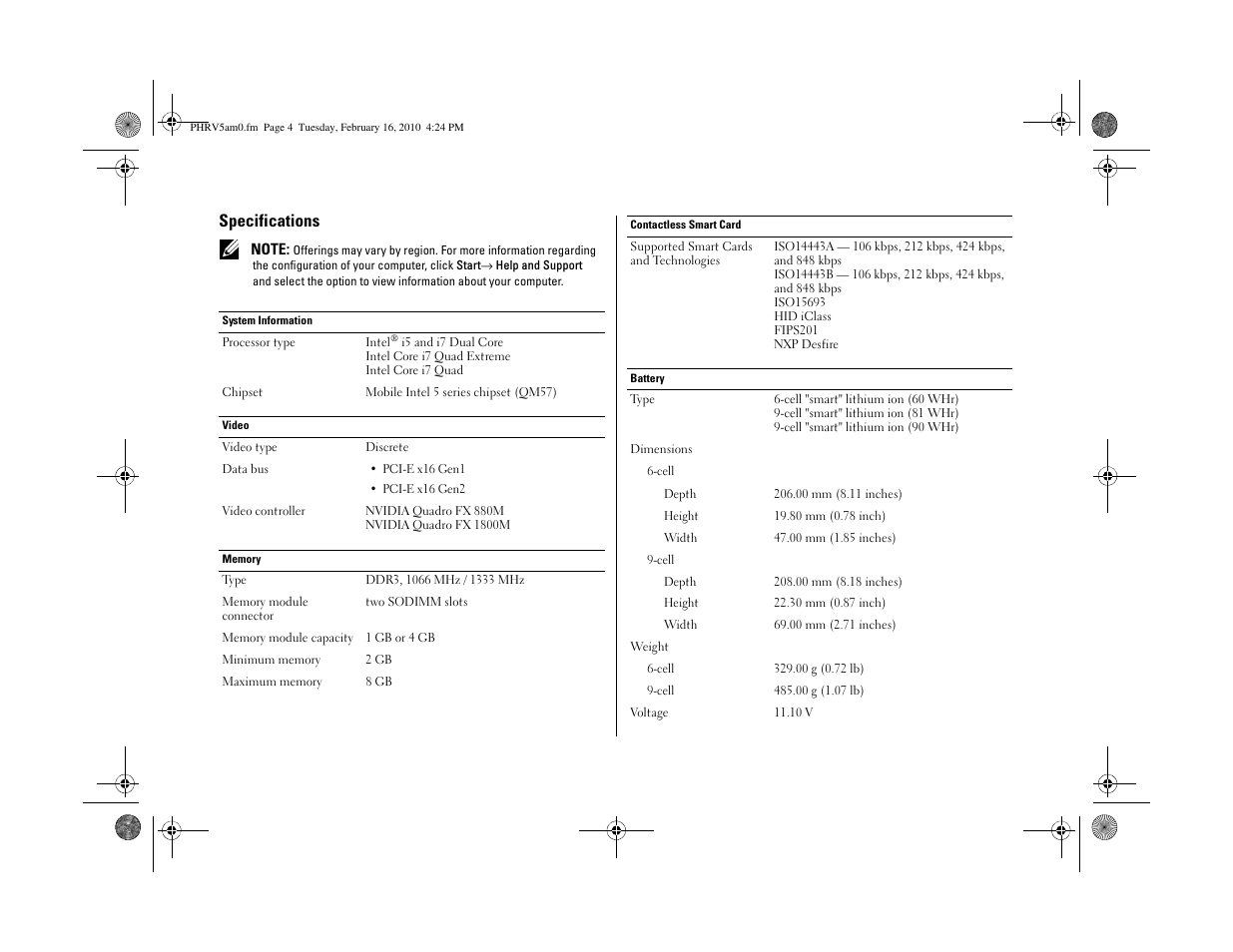 Specifications | Dell Precision M4500 (Early 2010) User Manual | Page 4 / 6