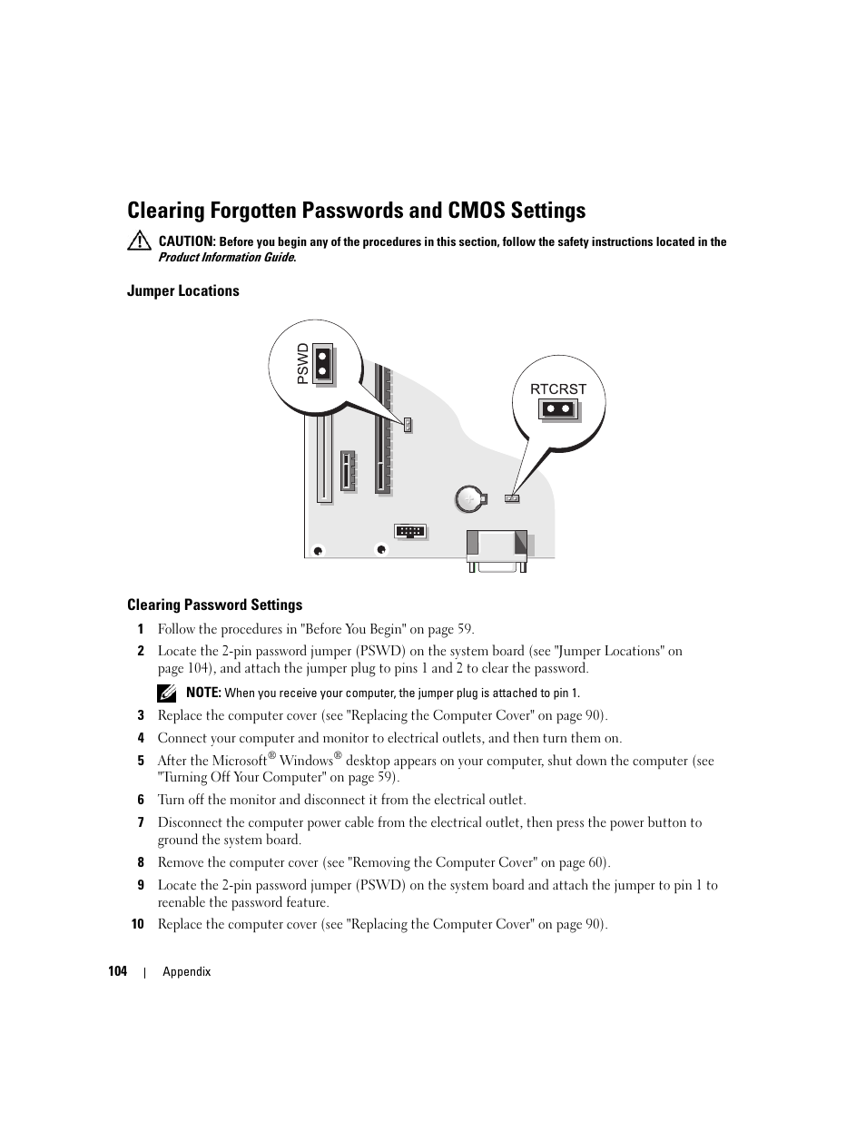 Clearing forgotten passwords and cmos settings, Jumper locations, Clearing password settings | Dell Dimension C521 User Manual | Page 104 / 140