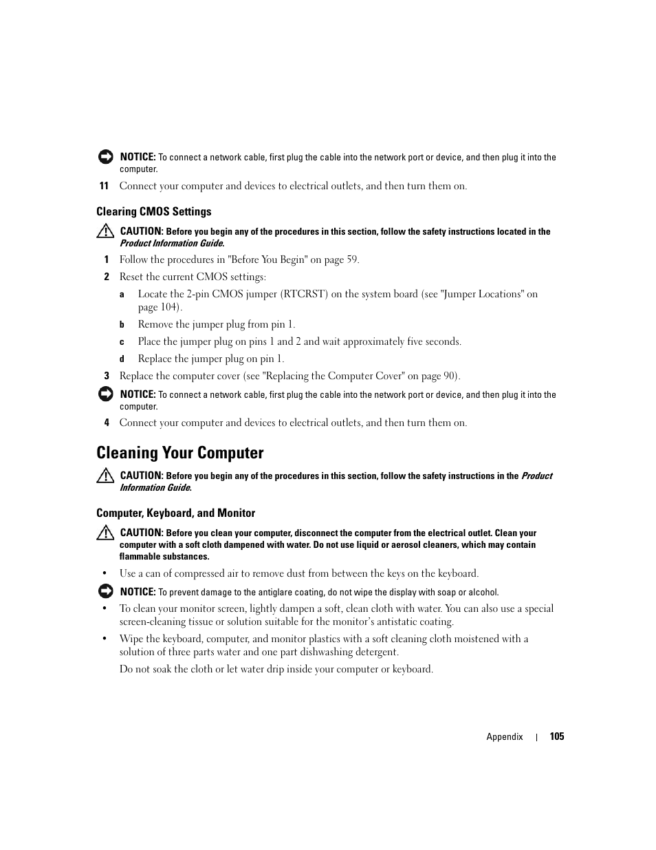 Clearing cmos settings, Cleaning your computer, Computer, keyboard, and monitor | Dell Dimension C521 User Manual | Page 105 / 140