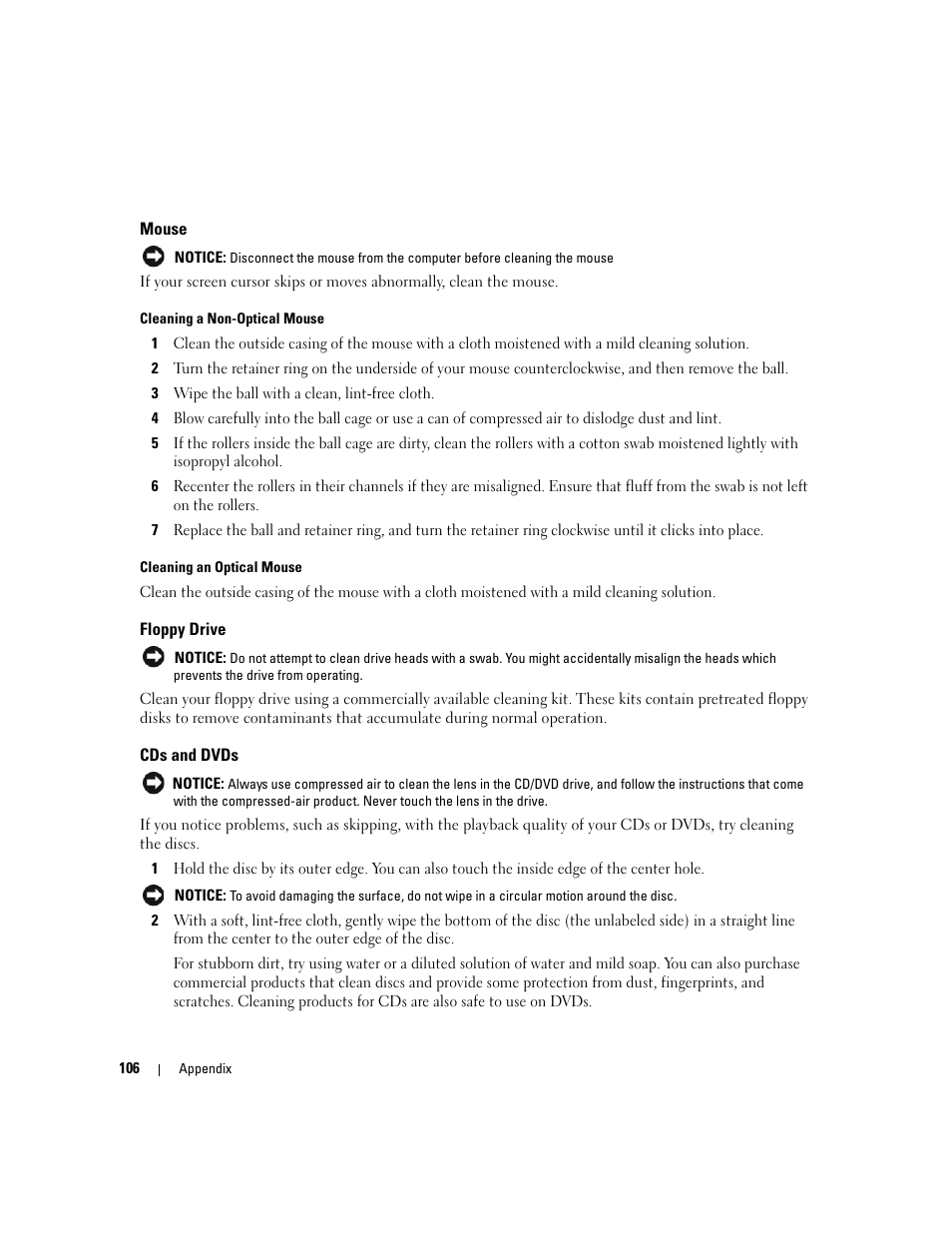 Mouse, Floppy drive, Cds and dvds | Dell Dimension C521 User Manual | Page 106 / 140