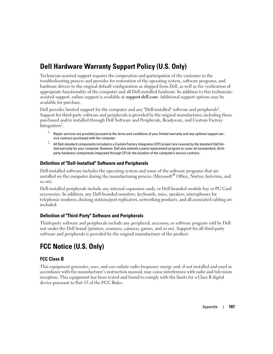 Dell hardware warranty support policy (u.s. only), Fcc notice (u.s. only), Fcc class b | Dell Dimension C521 User Manual | Page 107 / 140