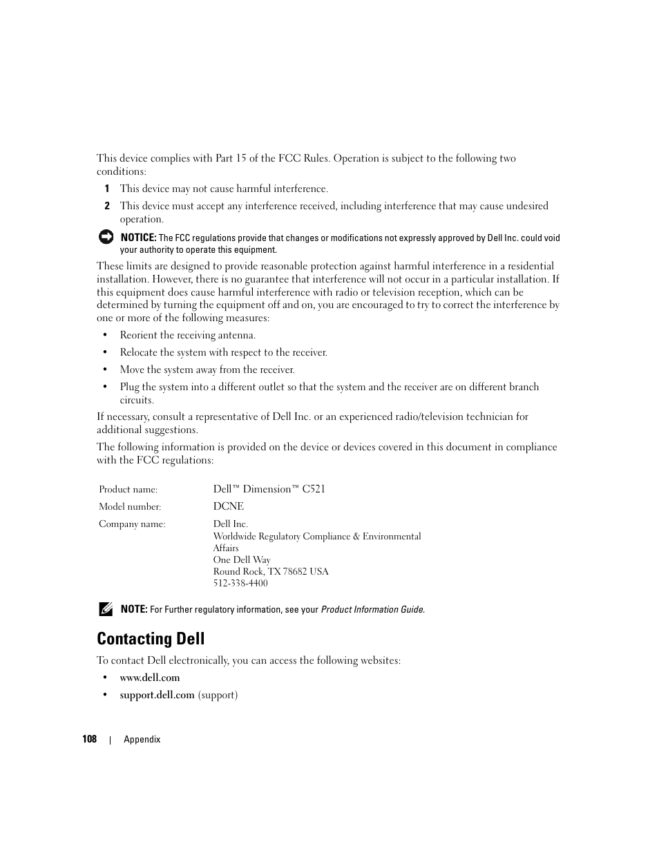 Contacting dell | Dell Dimension C521 User Manual | Page 108 / 140