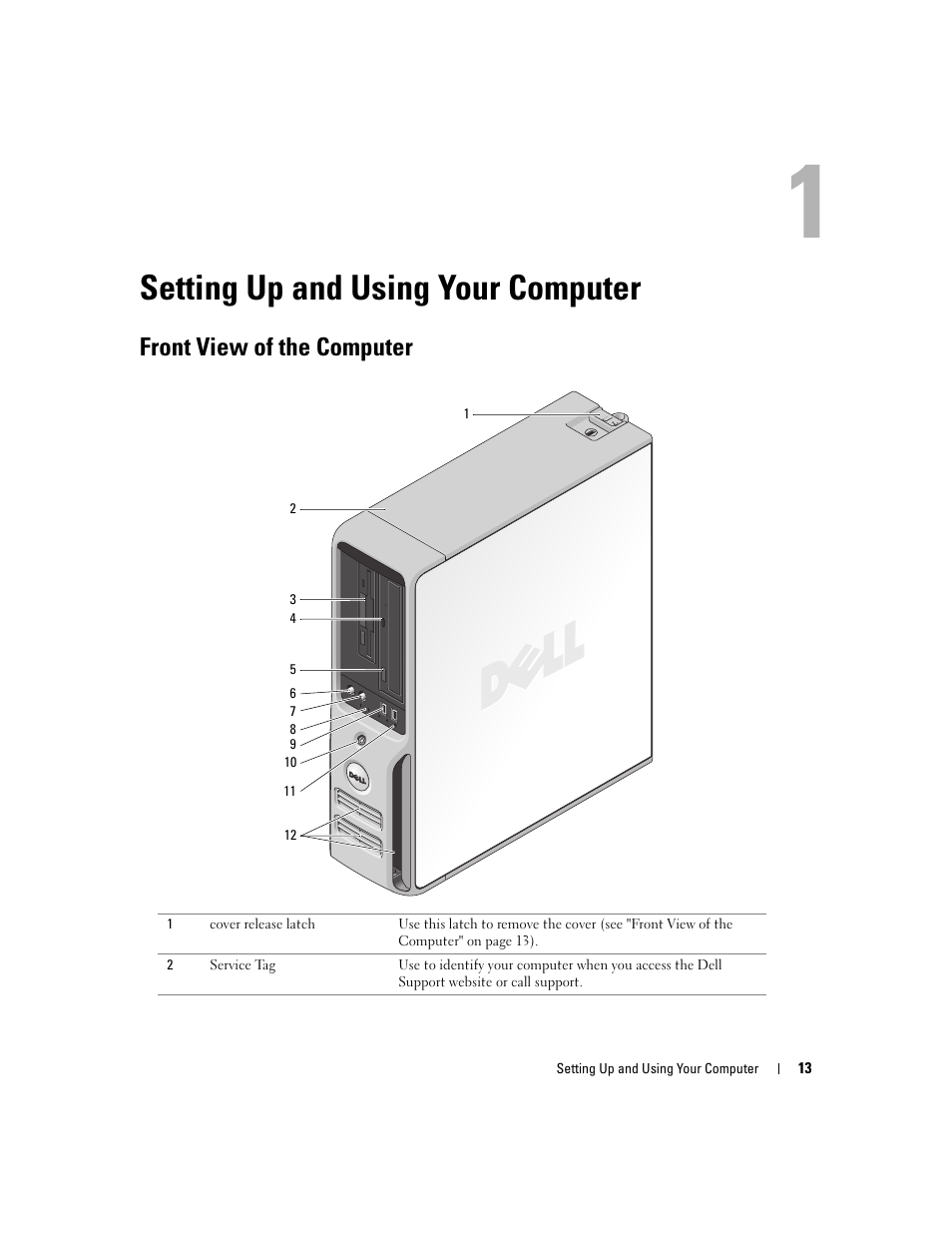 Setting up and using your computer, Front view of the computer | Dell Dimension C521 User Manual | Page 13 / 140