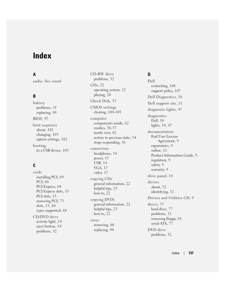 Index | Dell Dimension C521 User Manual | Page 137 / 140