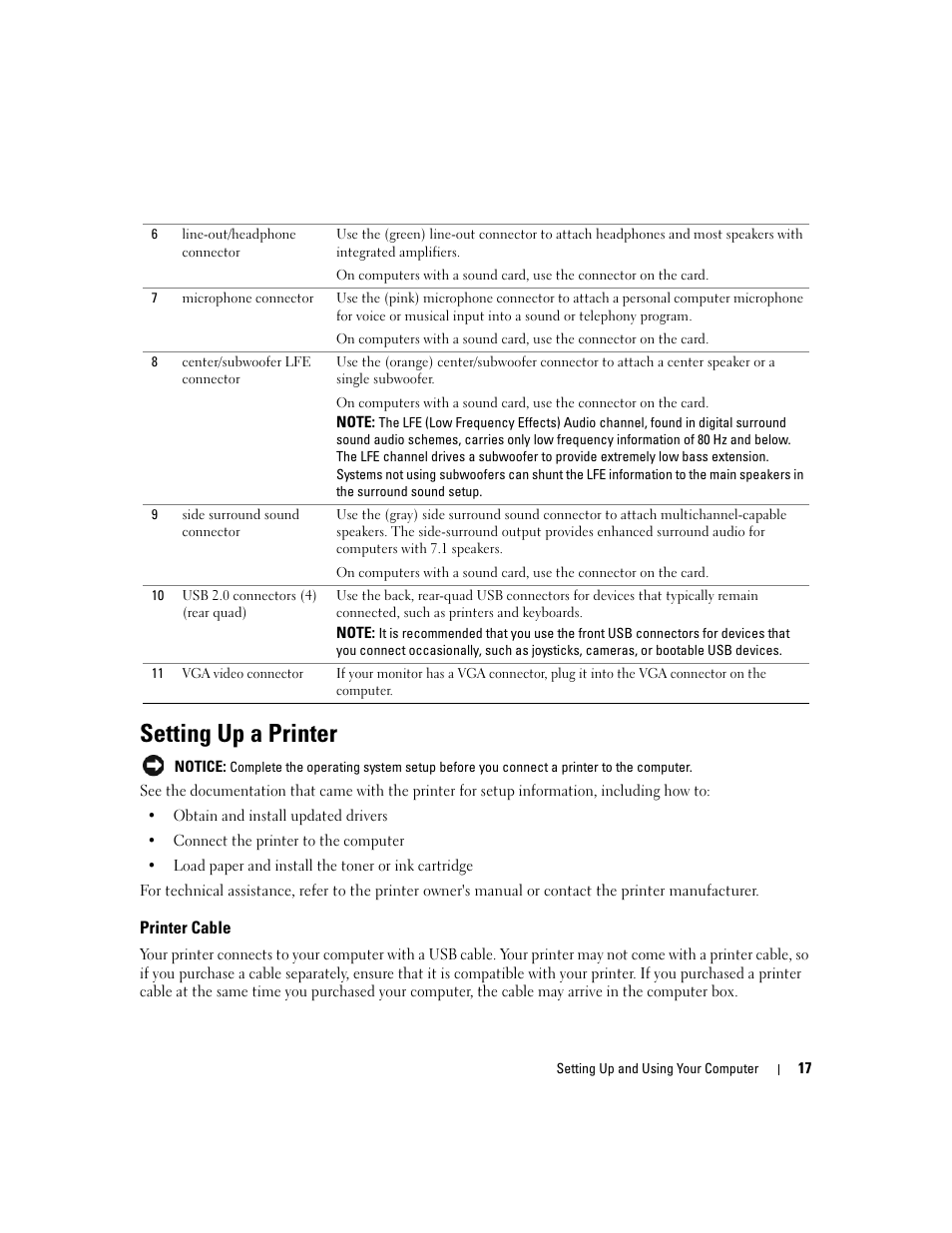 Setting up a printer, Printer cable | Dell Dimension C521 User Manual | Page 17 / 140