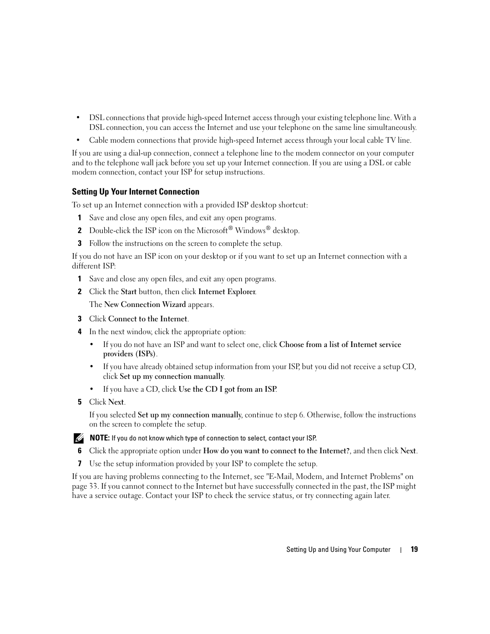 Setting up your internet connection | Dell Dimension C521 User Manual | Page 19 / 140