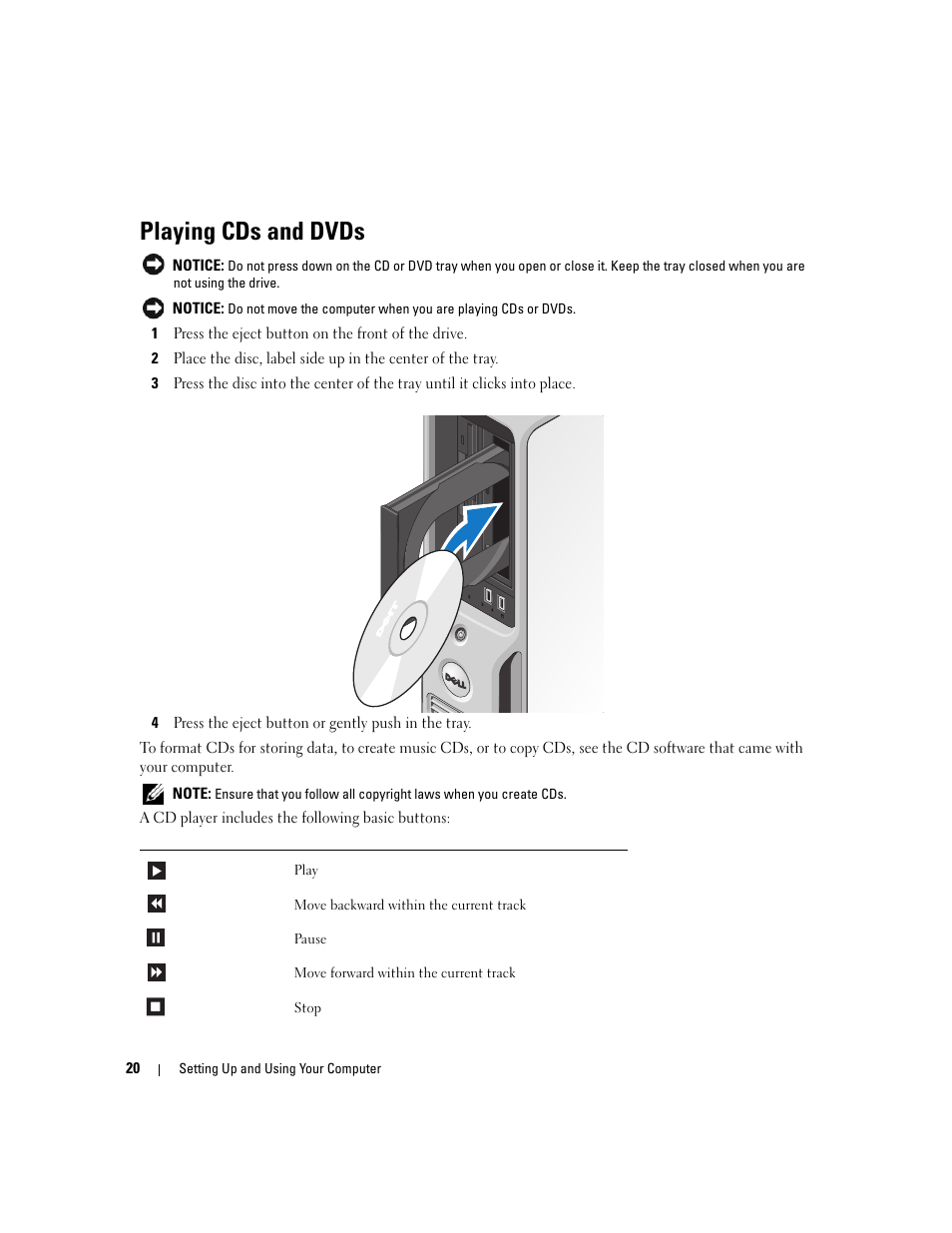 Playing cds and dvds | Dell Dimension C521 User Manual | Page 20 / 140