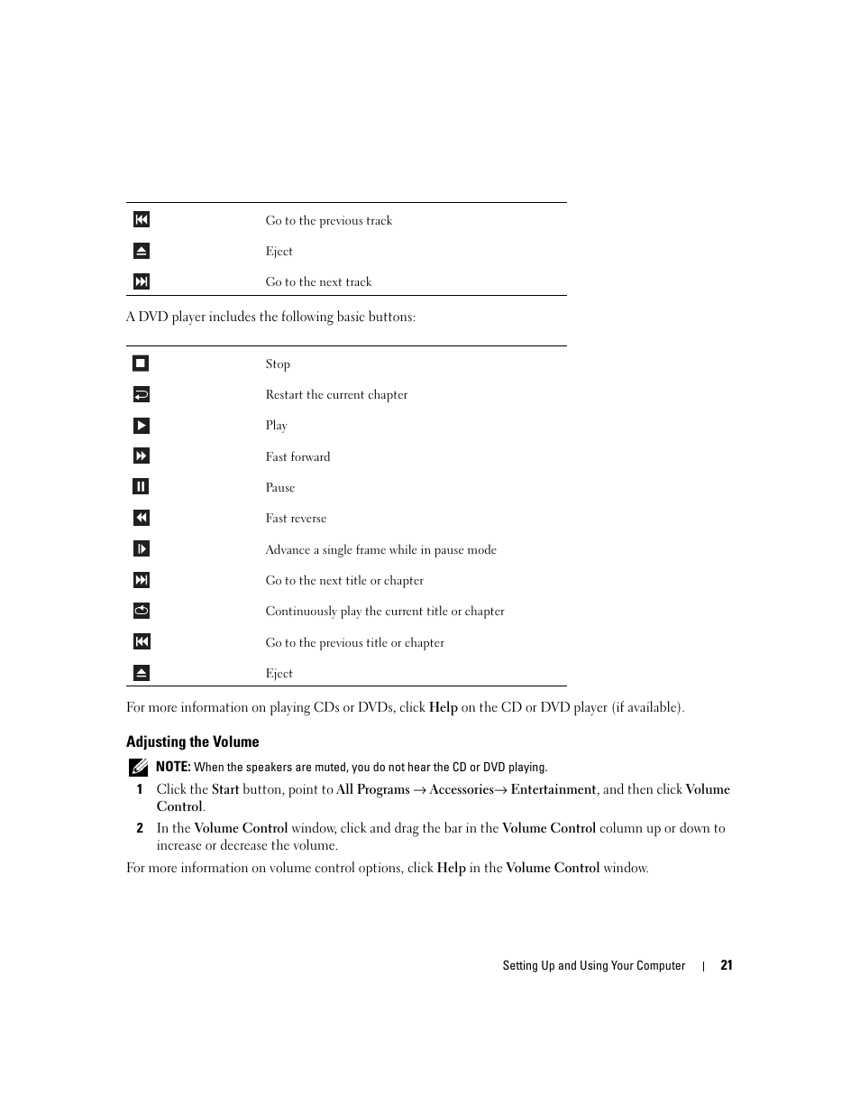 Adjusting the volume | Dell Dimension C521 User Manual | Page 21 / 140