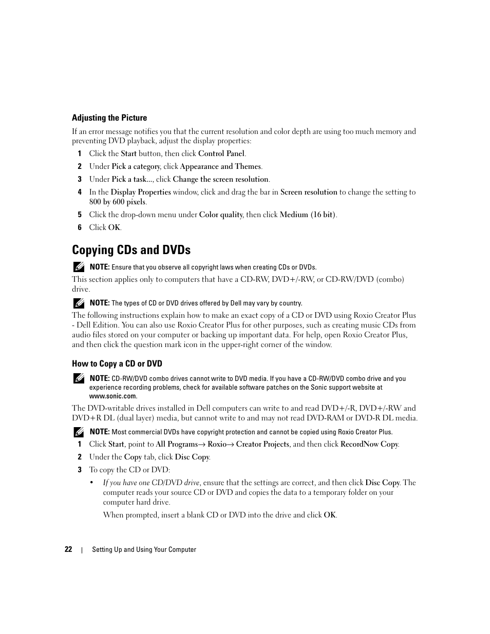 Adjusting the picture, Copying cds and dvds, How to copy a cd or dvd | Dell Dimension C521 User Manual | Page 22 / 140
