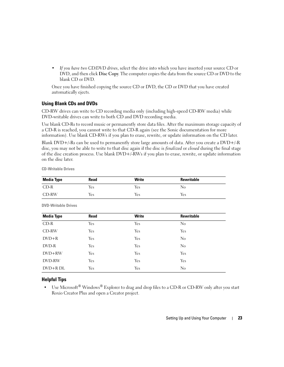 Using blank cds and dvds, Helpful tips | Dell Dimension C521 User Manual | Page 23 / 140