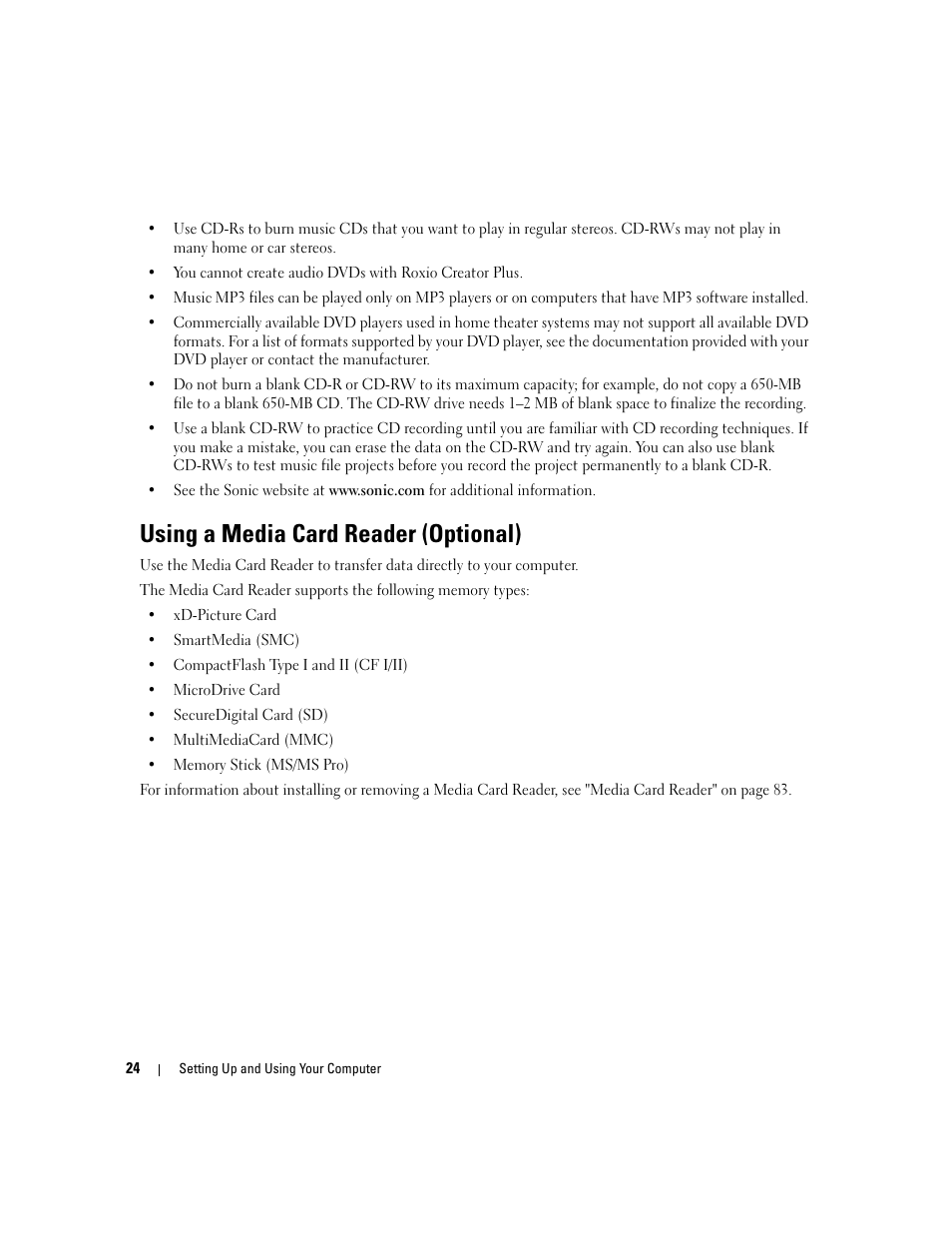 Using a media card reader (optional) | Dell Dimension C521 User Manual | Page 24 / 140
