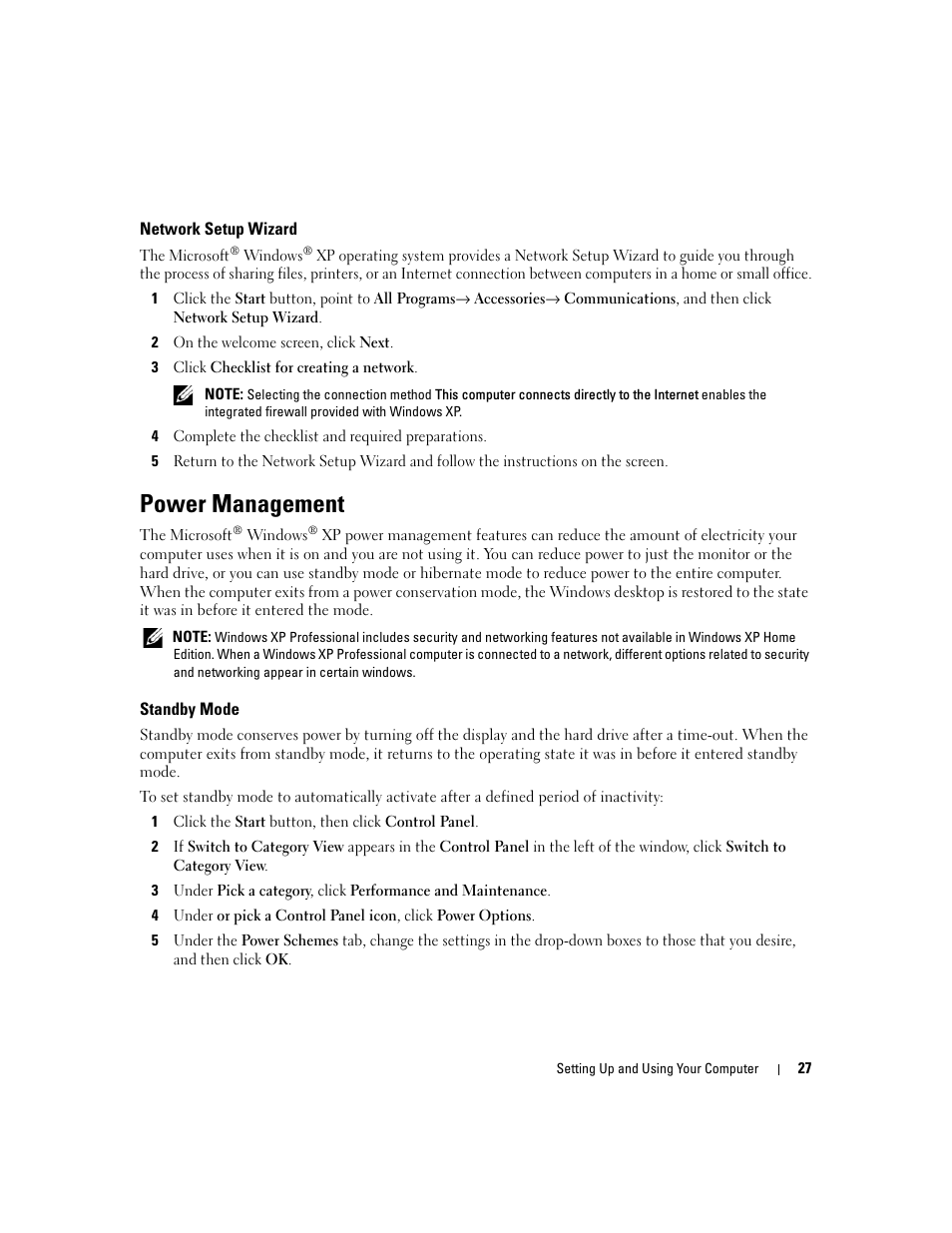 Network setup wizard, Power management, Standby mode | Dell Dimension C521 User Manual | Page 27 / 140
