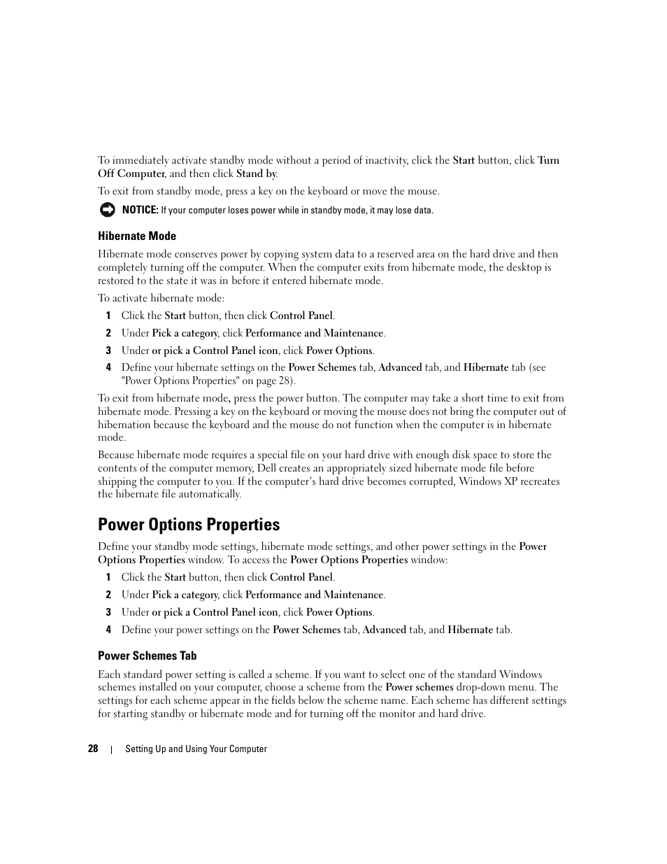 Hibernate mode, Power options properties, Power schemes tab | Dell Dimension C521 User Manual | Page 28 / 140