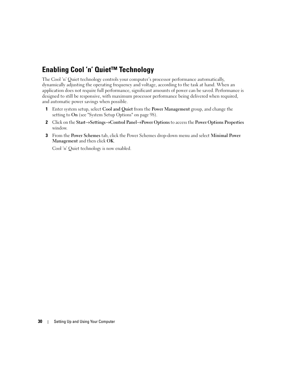 Enabling cool ’n’ quiet™ technology | Dell Dimension C521 User Manual | Page 30 / 140