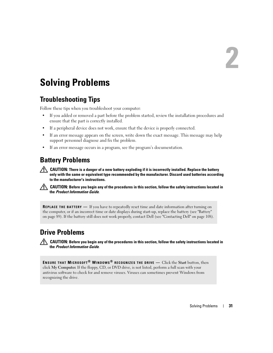 Solving problems, Troubleshooting tips, Battery problems | Drive problems | Dell Dimension C521 User Manual | Page 31 / 140