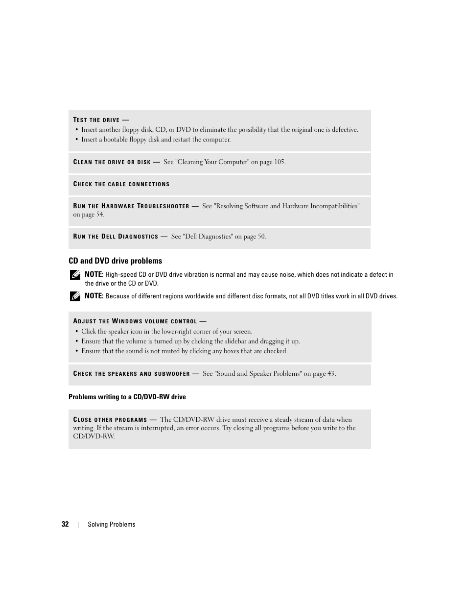 Cd and dvd drive problems | Dell Dimension C521 User Manual | Page 32 / 140