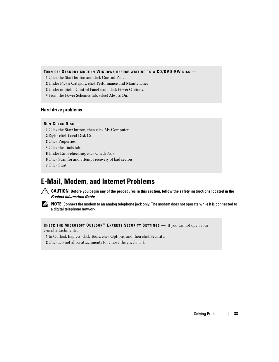 Hard drive problems, E-mail, modem, and internet problems | Dell Dimension C521 User Manual | Page 33 / 140