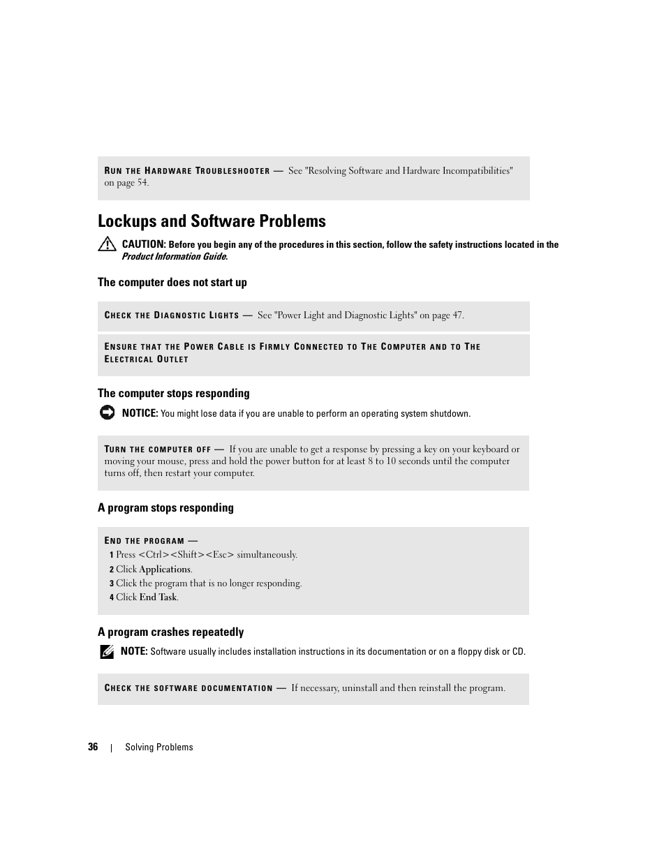 Lockups and software problems, The computer does not start up, The computer stops responding | A program stops responding, A program crashes repeatedly, Click printers and other hardware, Ceive responses, the modem is operating properly | Dell Dimension C521 User Manual | Page 36 / 140