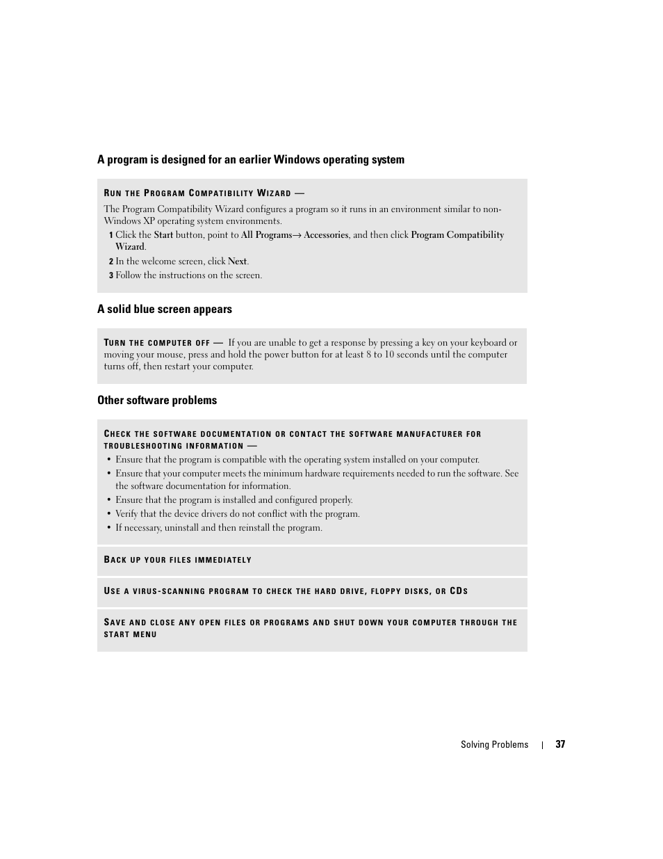 A solid blue screen appears, Other software problems | Dell Dimension C521 User Manual | Page 37 / 140