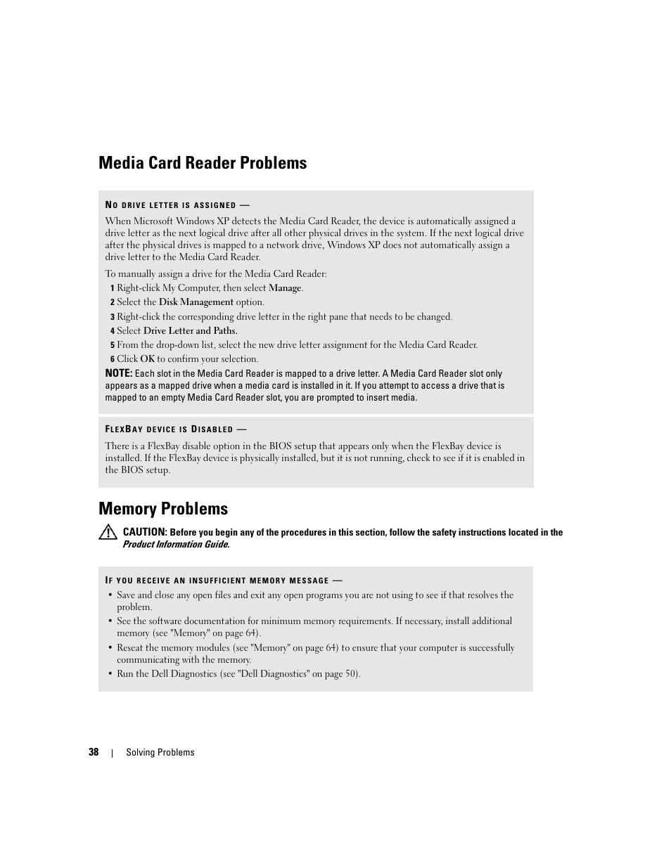 Media card reader problems, Memory problems, When the message appear | Dell Dimension C521 User Manual | Page 38 / 140