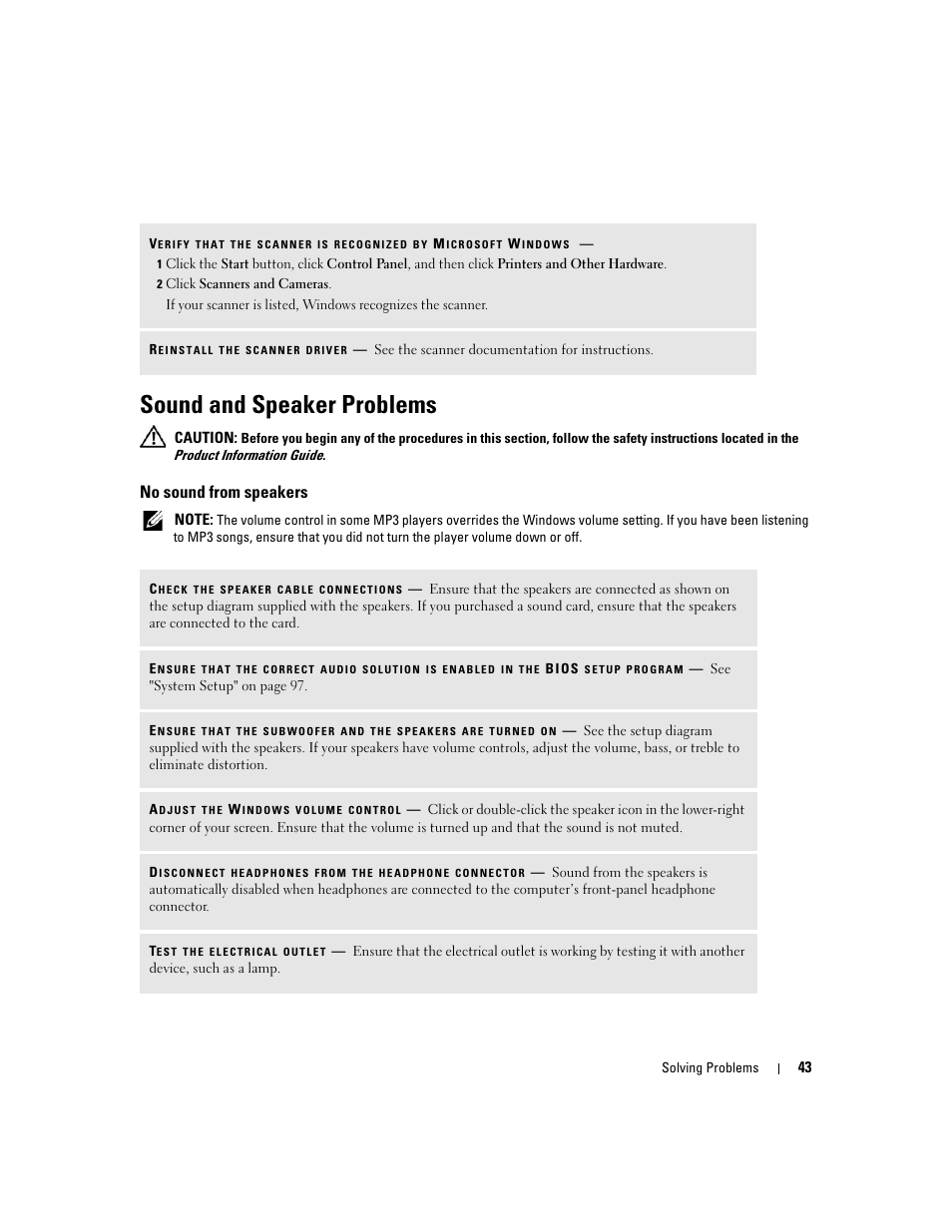 Sound and speaker problems, No sound from speakers | Dell Dimension C521 User Manual | Page 43 / 140