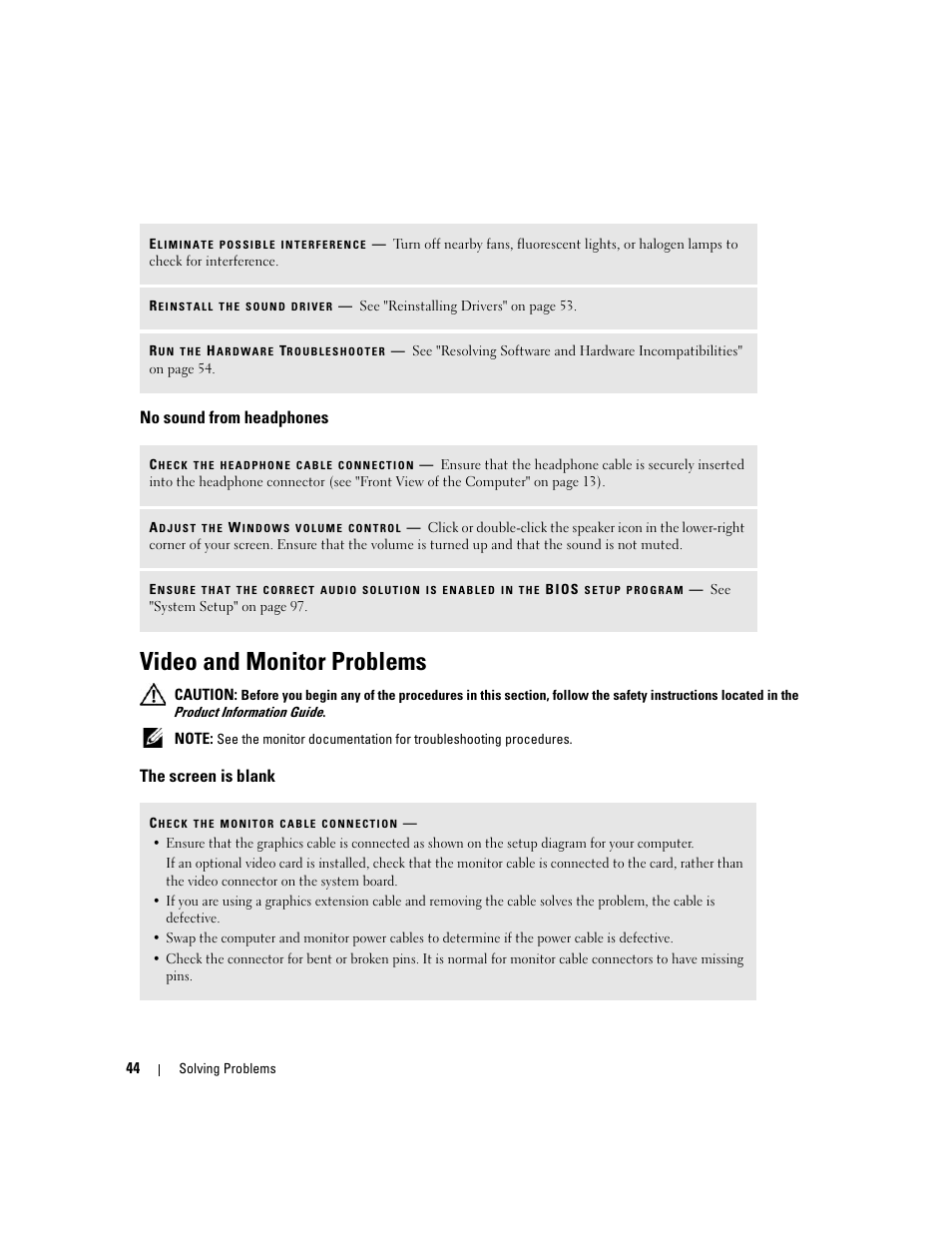 No sound from headphones, Video and monitor problems, The screen is blank | Dell Dimension C521 User Manual | Page 44 / 140