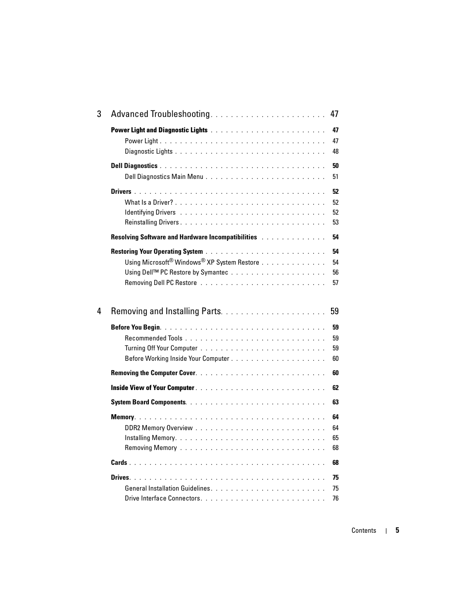 3advanced troubleshooting, 4removing and installing parts | Dell Dimension C521 User Manual | Page 5 / 140