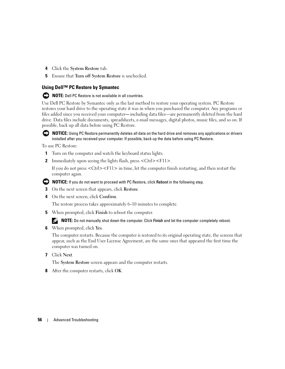 Using dell™ pc restore by symantec | Dell Dimension C521 User Manual | Page 56 / 140