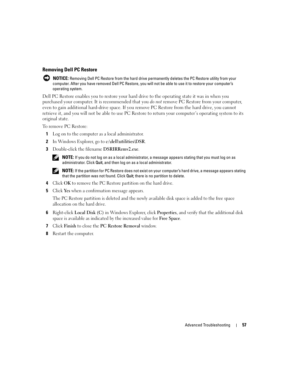 Removing dell pc restore | Dell Dimension C521 User Manual | Page 57 / 140