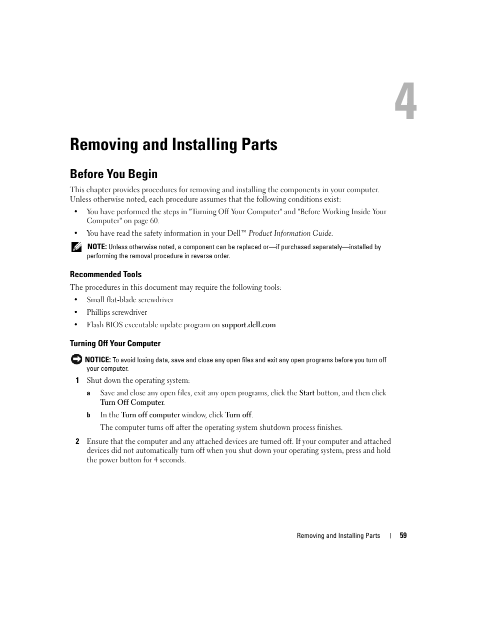 Removing and installing parts, Before you begin, Recommended tools | Turning off your computer, Er (see "turning off your computer" on | Dell Dimension C521 User Manual | Page 59 / 140