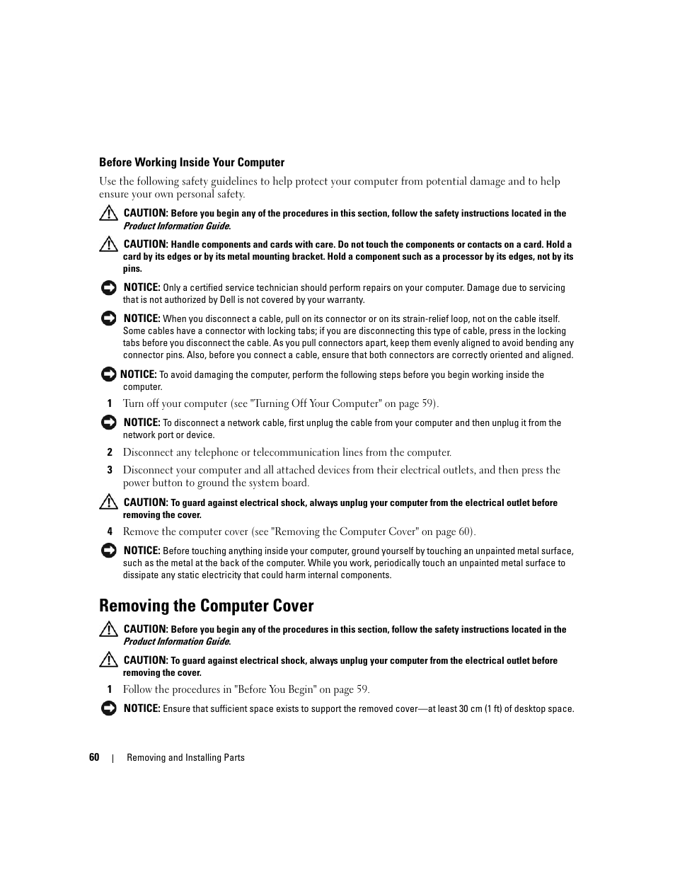 Before working inside your computer, Removing the computer cover | Dell Dimension C521 User Manual | Page 60 / 140