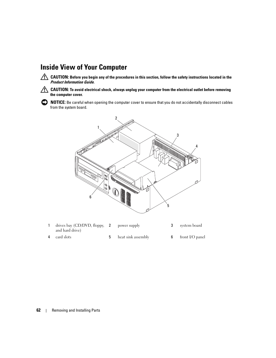 Inside view of your computer | Dell Dimension C521 User Manual | Page 62 / 140