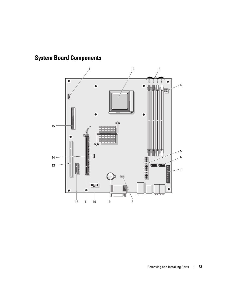 System board components, D (see "system board | Dell Dimension C521 User Manual | Page 63 / 140