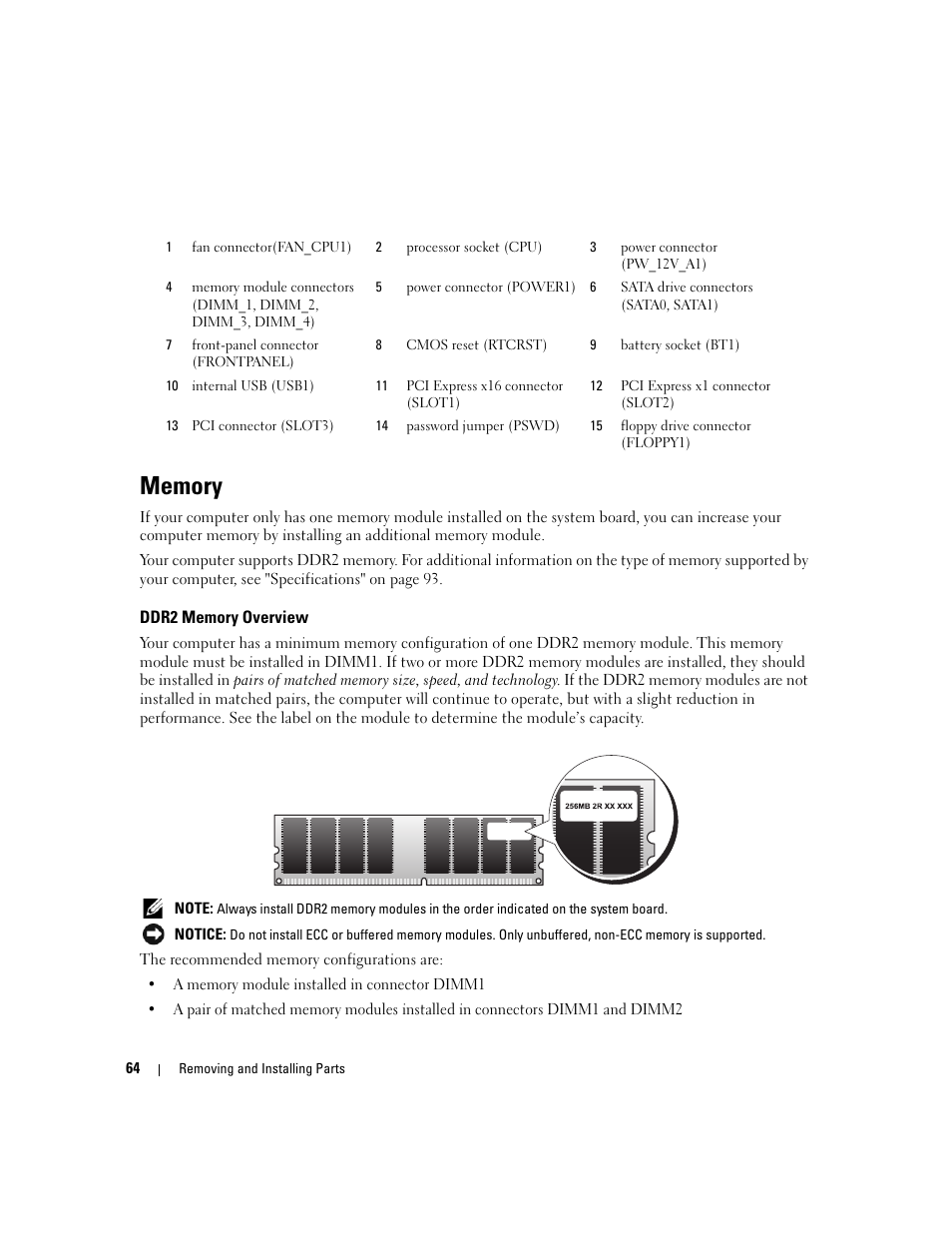 Memory, Ddr2 memory overview | Dell Dimension C521 User Manual | Page 64 / 140