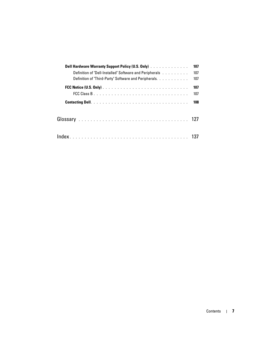 Glossary, 127 index | Dell Dimension C521 User Manual | Page 7 / 140