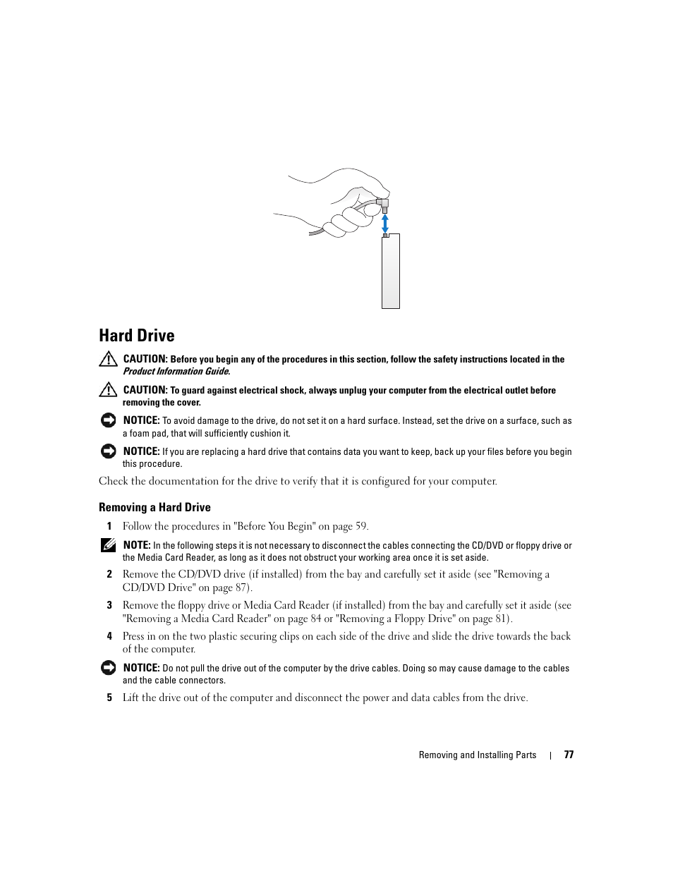 Hard drive, Removing a hard drive | Dell Dimension C521 User Manual | Page 77 / 140
