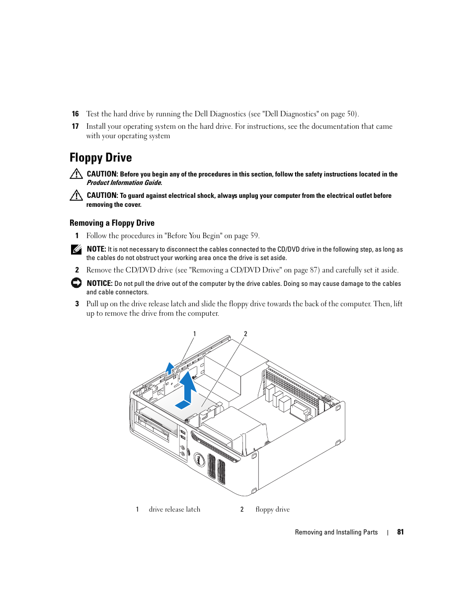 Floppy drive, Removing a floppy drive | Dell Dimension C521 User Manual | Page 81 / 140