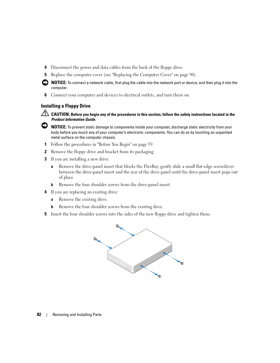 Installing a floppy drive | Dell Dimension C521 User Manual | Page 82 / 140