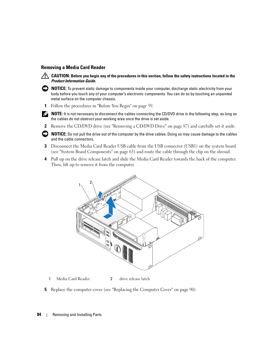 Removing a media card reader | Dell Dimension C521 User Manual | Page 84 / 140