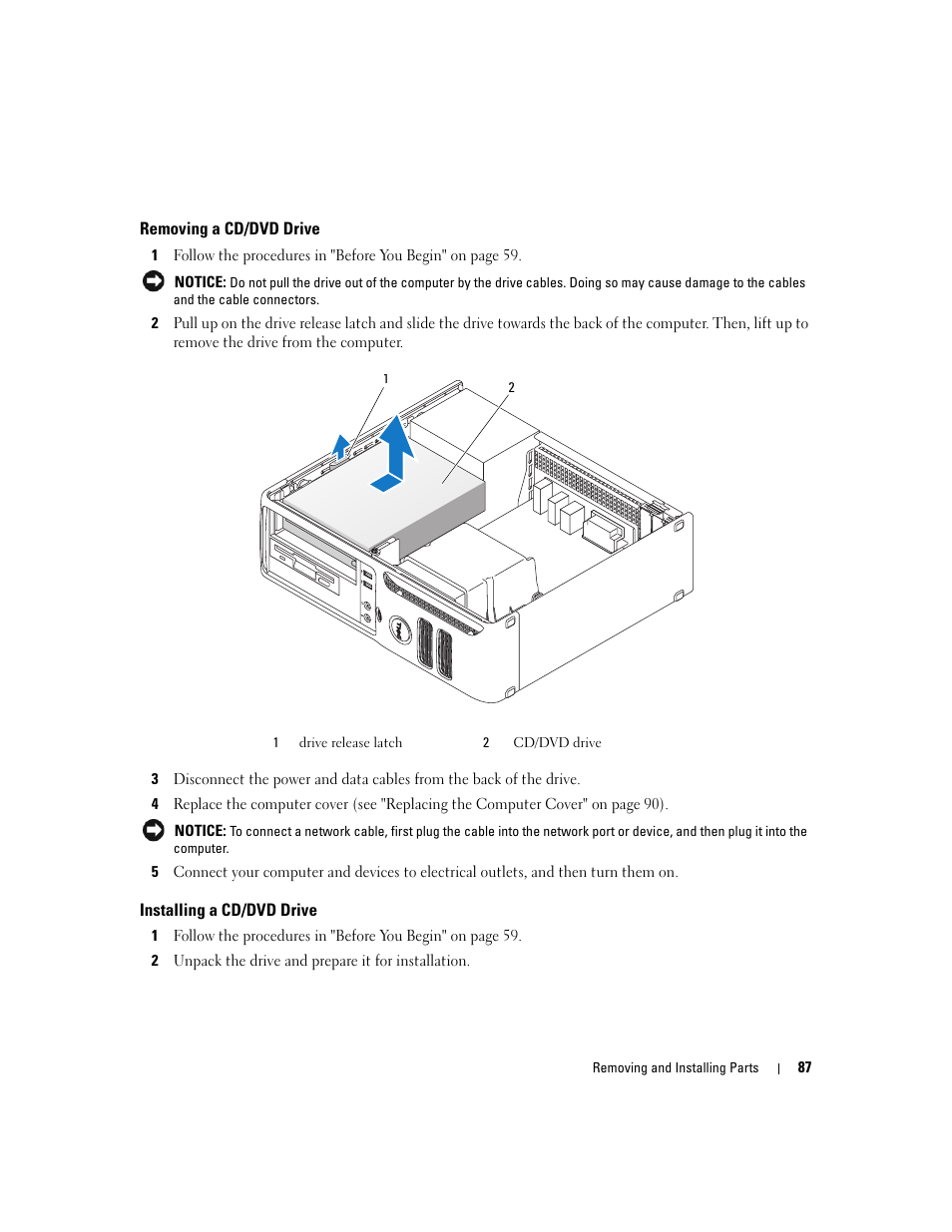 Removing a cd/dvd drive, Installing a cd/dvd drive, Efully set it aside (see "removing a | 10 replace the cd/dvd drive | Dell Dimension C521 User Manual | Page 87 / 140