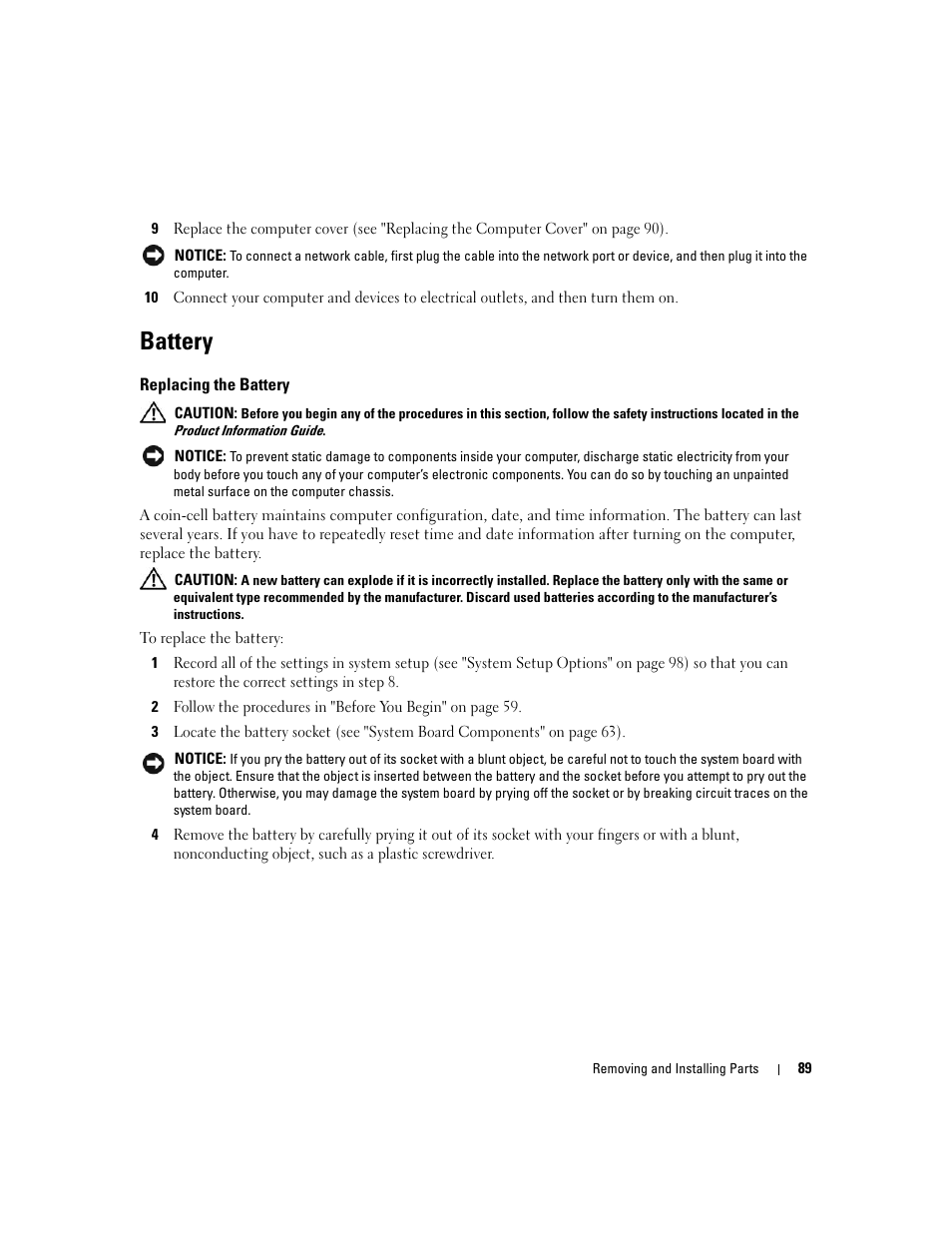 Battery, Replacing the battery | Dell Dimension C521 User Manual | Page 89 / 140