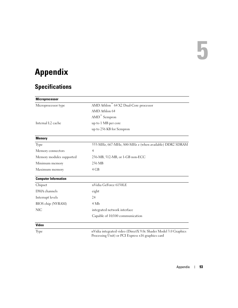 Appendix, Specifications | Dell Dimension C521 User Manual | Page 93 / 140