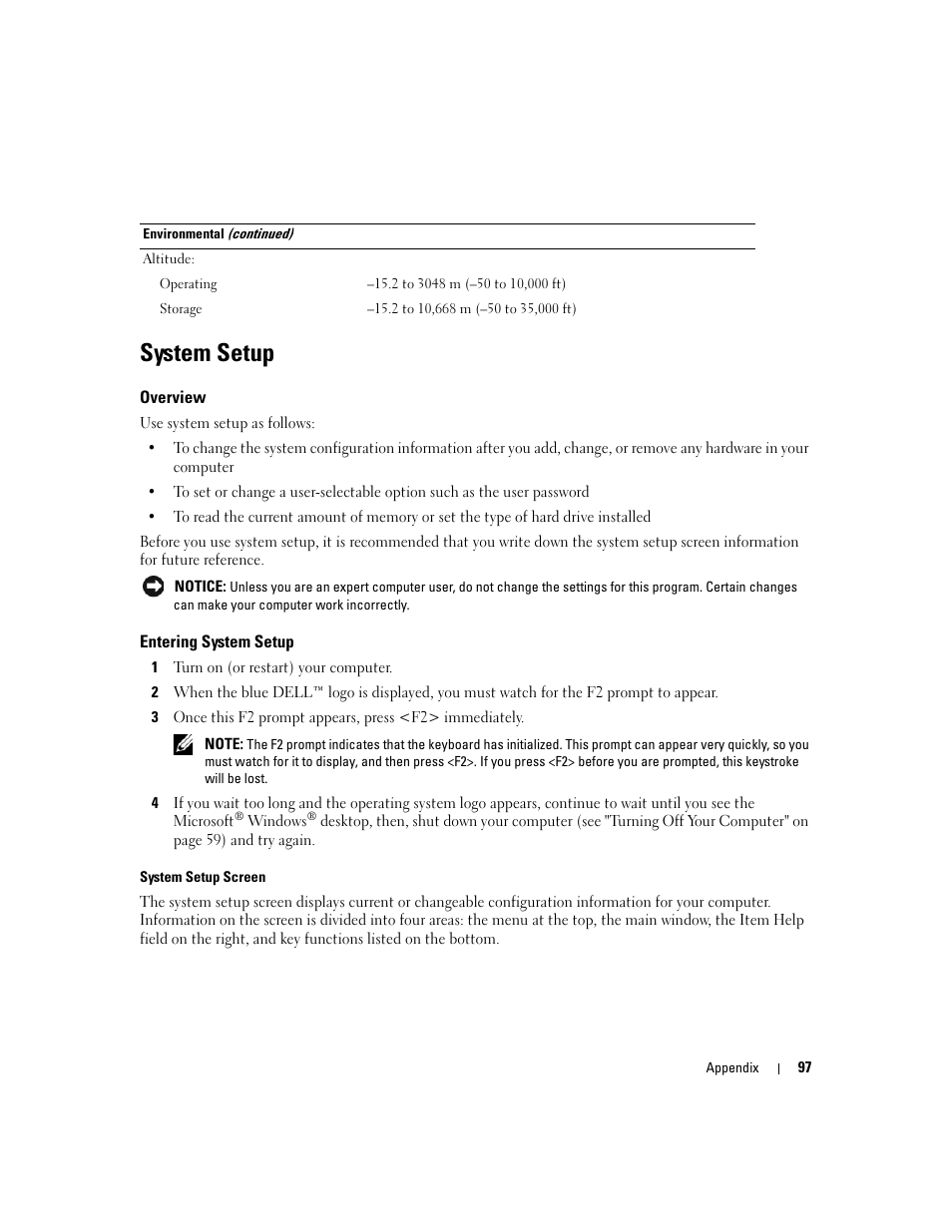 System setup, Overview, Entering system setup | Dell Dimension C521 User Manual | Page 97 / 140