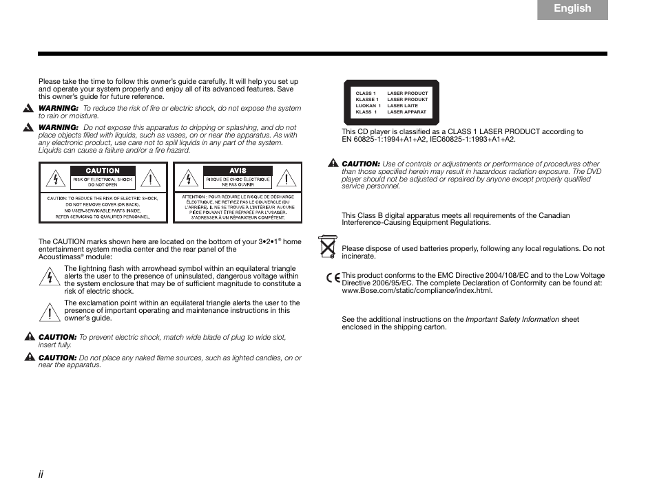 Afety, Nformation, Please read this owner’s guide | Class 1 laser product, Class b emissions limits, Batteries, Additional safety information | Bose GSX Series III User Manual | Page 2 / 108