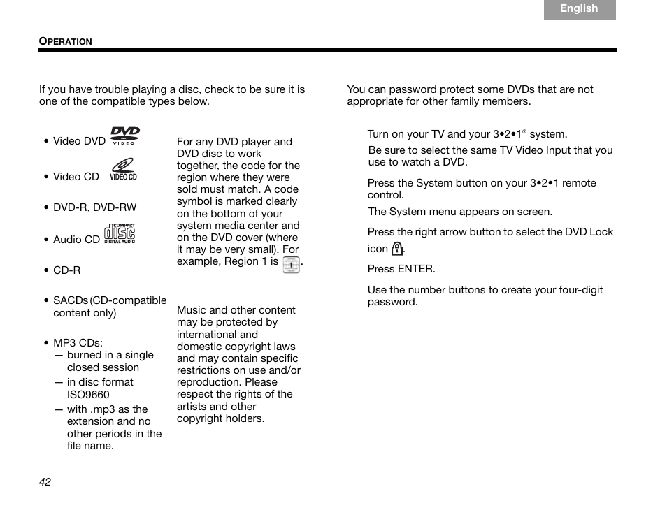 Checking for disc compatibility, For dvds: setting parental control, Choosing a password | Bose GSX Series III User Manual | Page 46 / 108