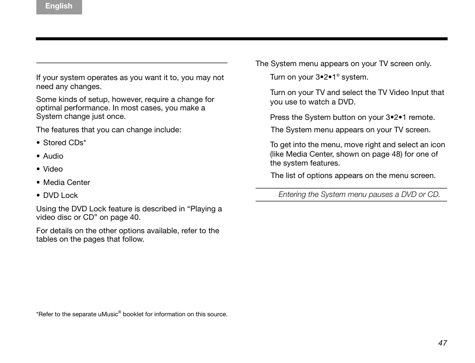 Changing system features, To get to the system menu, Djustments | Performance | Bose GSX Series III User Manual | Page 51 / 108